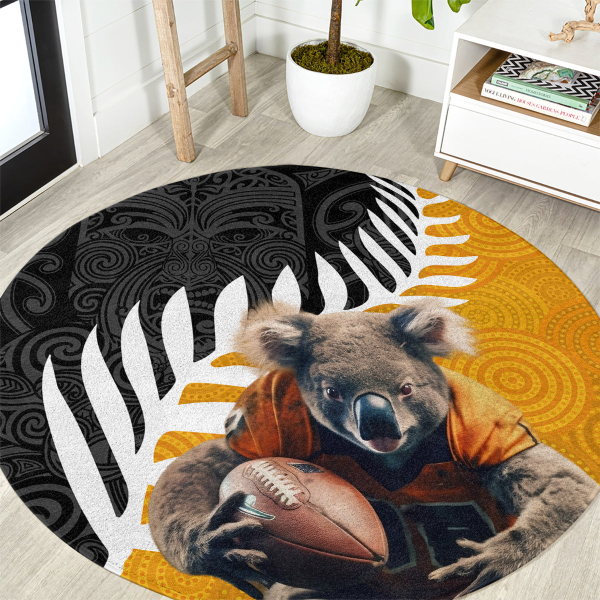 New Zealand and Australia Rugby Round Carpet Koala and Maori Warrior Together