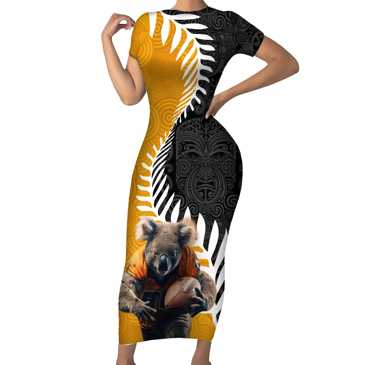 New Zealand and Australia Rugby Short Sleeve Bodycon Dress Koala and Maori Warrior Together