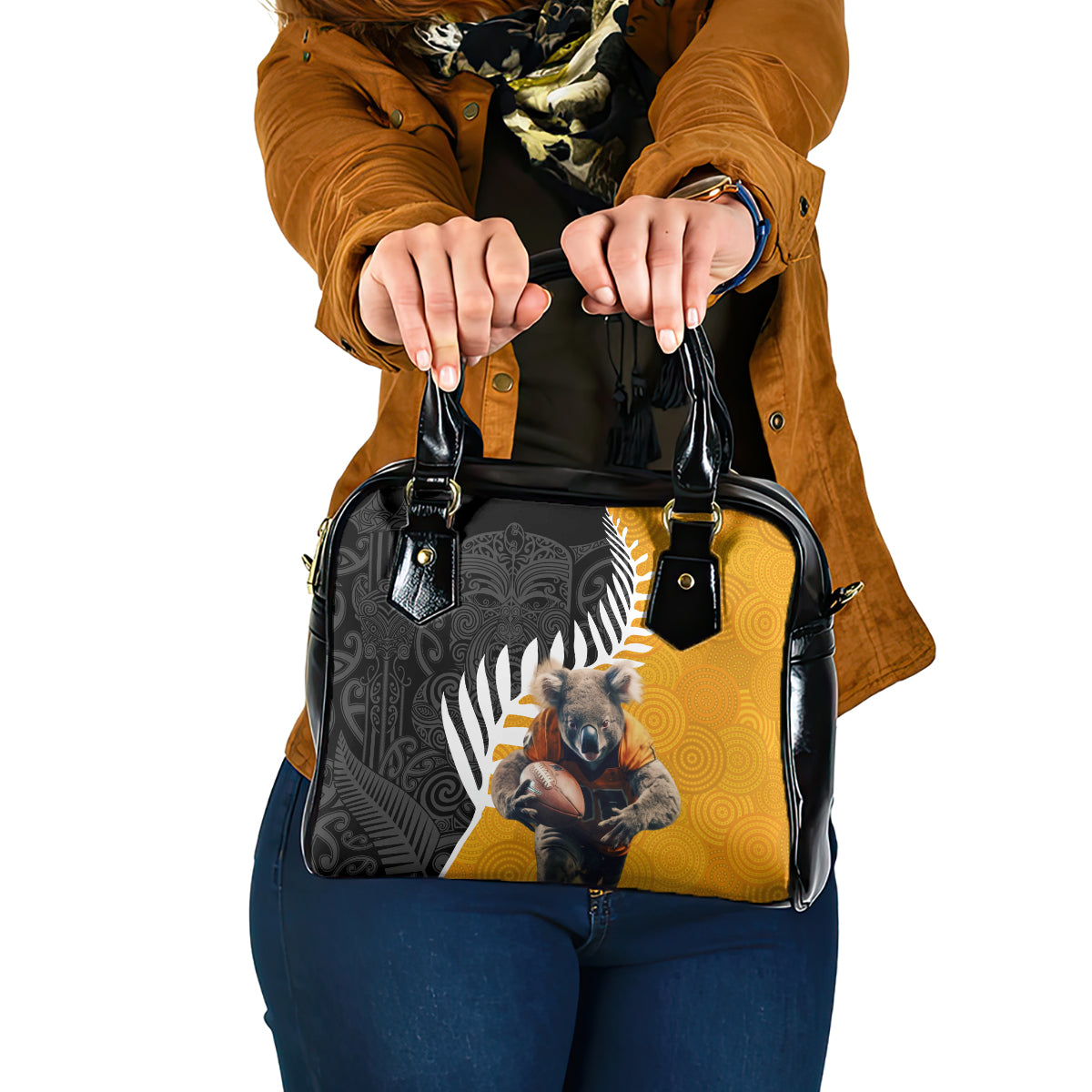 New Zealand and Australia Rugby Shoulder Handbag Koala and Maori Warrior Together