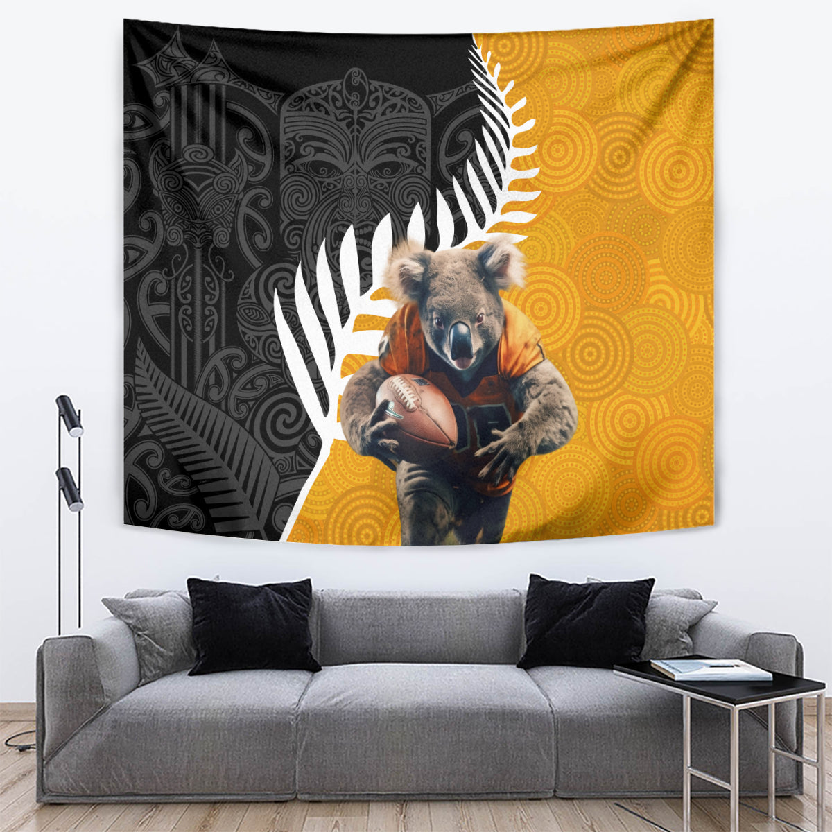 New Zealand and Australia Rugby Tapestry Koala and Maori Warrior Together