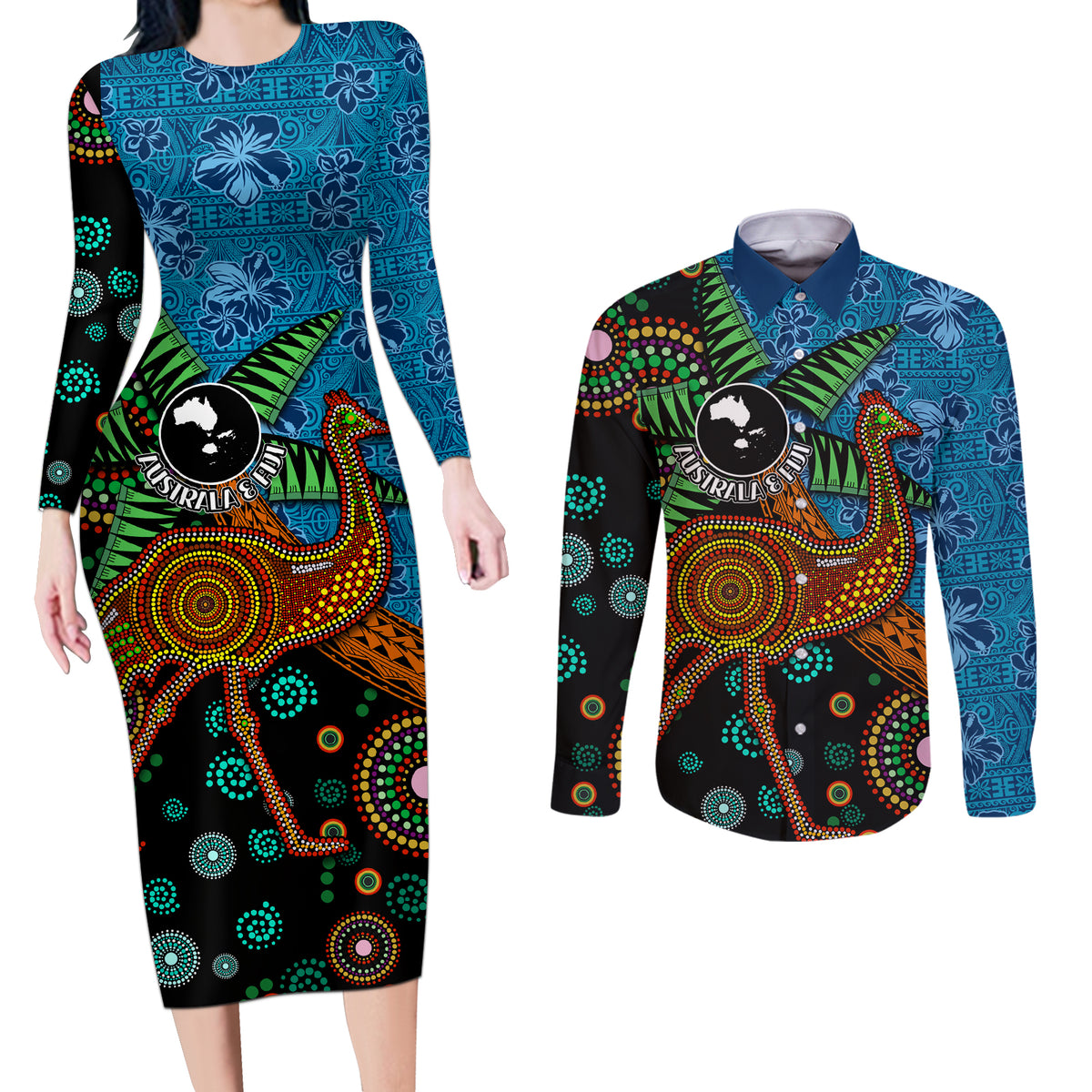Fiji and Australia Couples Matching Long Sleeve Bodycon Dress and Long Sleeve Button Shirt Palm Tree and Abogirinal Emu