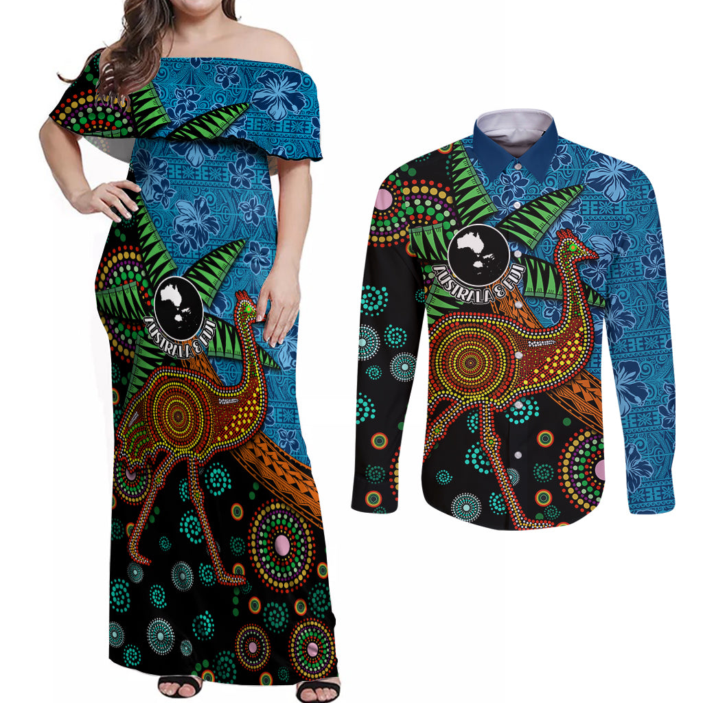 Fiji and Australia Couples Matching Off Shoulder Maxi Dress and Long Sleeve Button Shirt Palm Tree and Abogirinal Emu