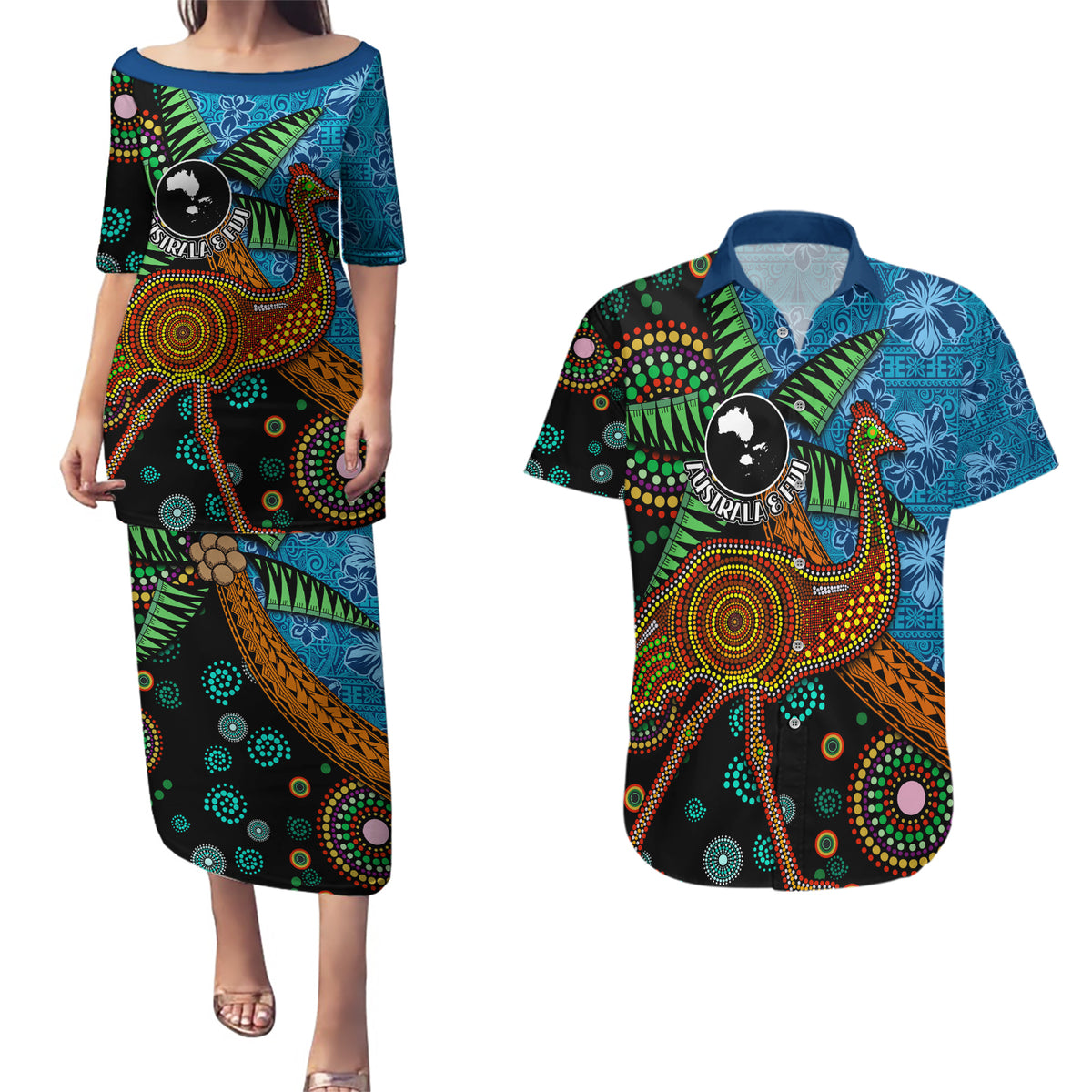 Fiji and Australia Couples Matching Puletasi and Hawaiian Shirt Palm Tree and Abogirinal Emu