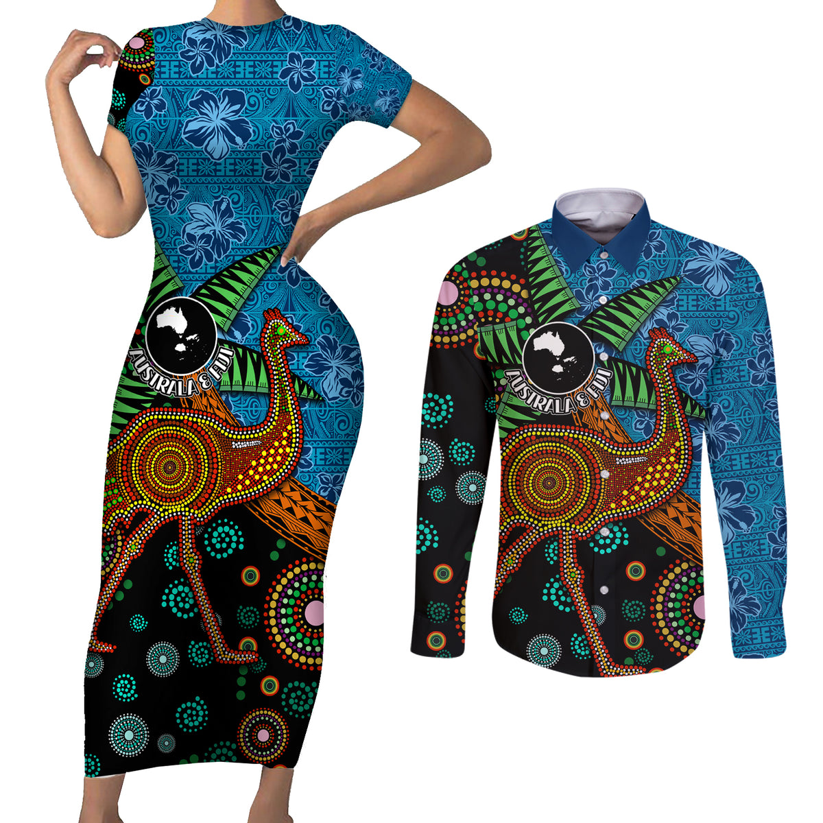 Fiji and Australia Couples Matching Short Sleeve Bodycon Dress and Long Sleeve Button Shirt Palm Tree and Abogirinal Emu