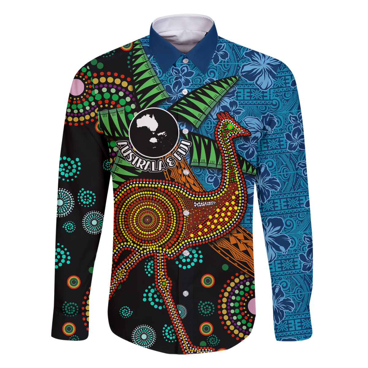 Fiji and Australia Family Matching Off The Shoulder Long Sleeve Dress and Hawaiian Shirt Palm Tree and Abogirinal Emu