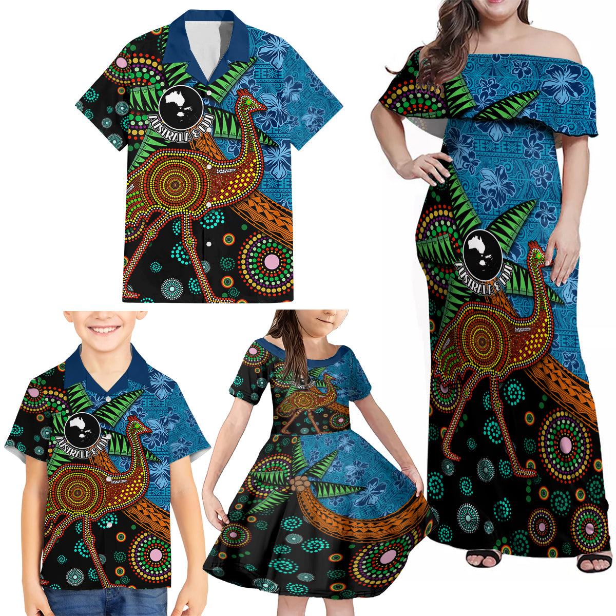 Fiji and Australia Family Matching Off Shoulder Maxi Dress and Hawaiian Shirt Palm Tree and Abogirinal Emu