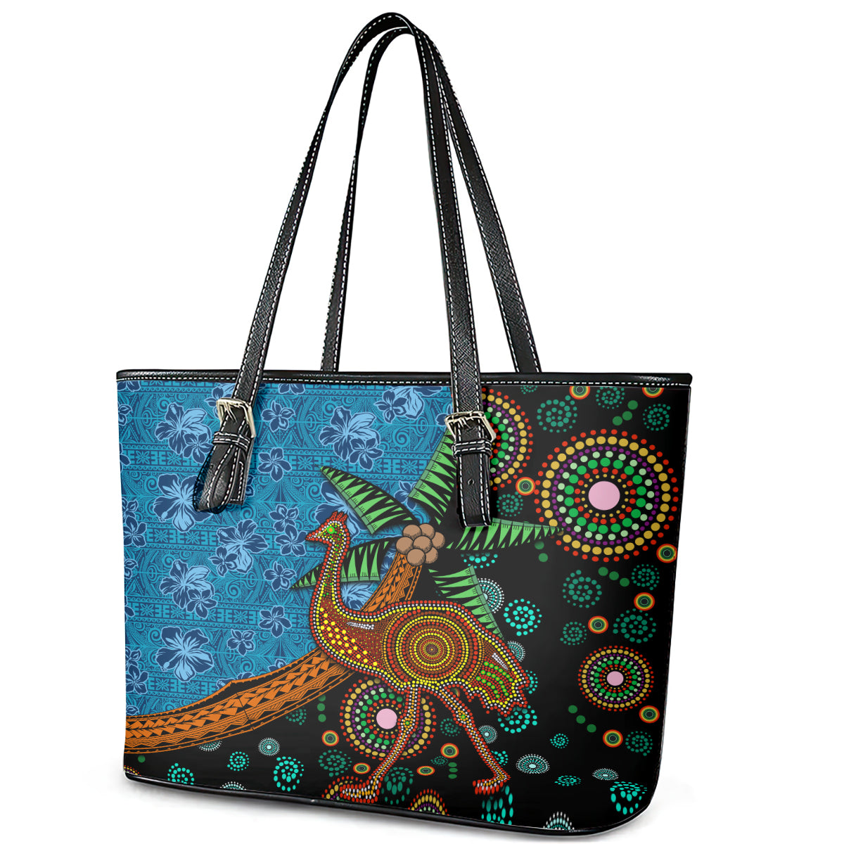 Fiji and Australia Leather Tote Bag Palm Tree and Abogirinal Emu