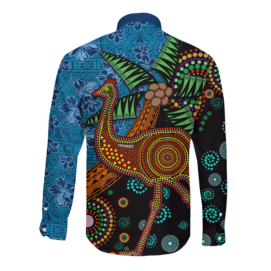 Fiji and Australia Long Sleeve Button Shirt Palm Tree and Abogirinal Emu
