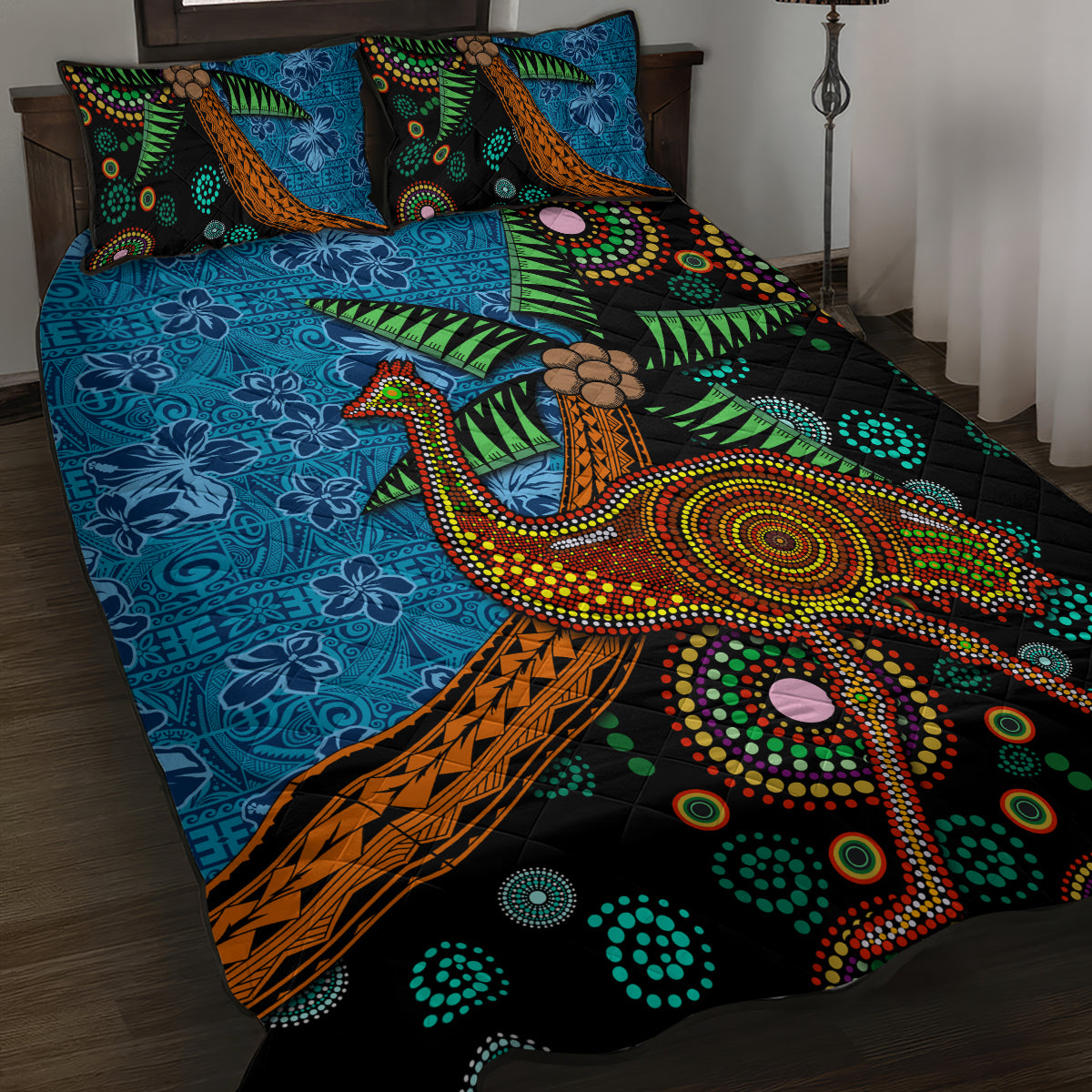 Fiji and Australia Quilt Bed Set Palm Tree and Abogirinal Emu