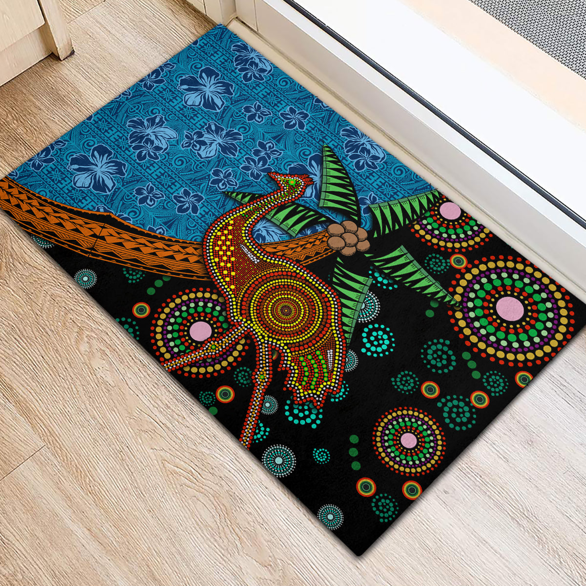 Fiji and Australia Rubber Doormat Palm Tree and Abogirinal Emu