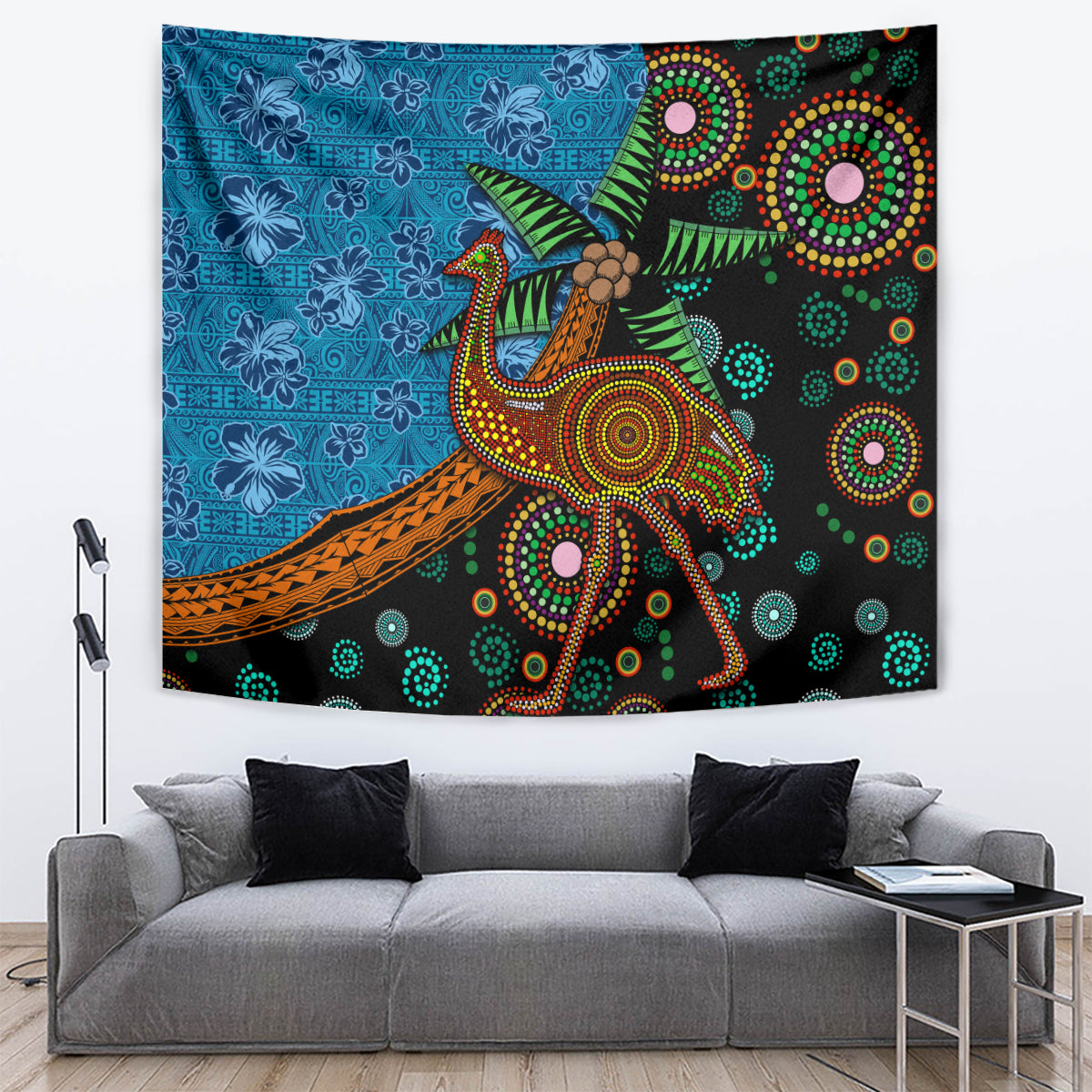 Fiji and Australia Tapestry Palm Tree and Abogirinal Emu