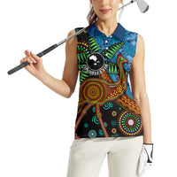 Fiji and Australia Women Sleeveless Polo Shirt Palm Tree and Abogirinal Emu