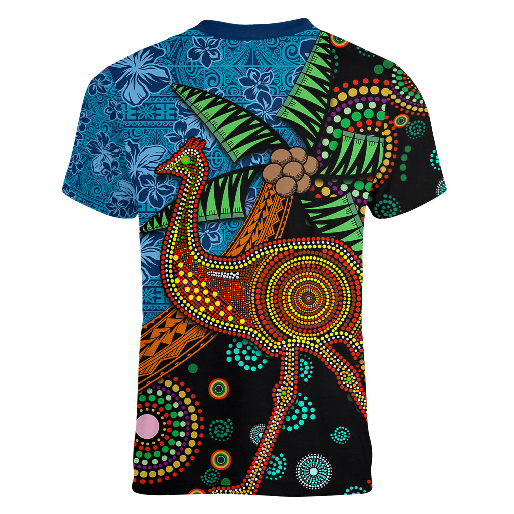 Fiji and Australia Women V-Neck T-Shirt Palm Tree and Abogirinal Emu