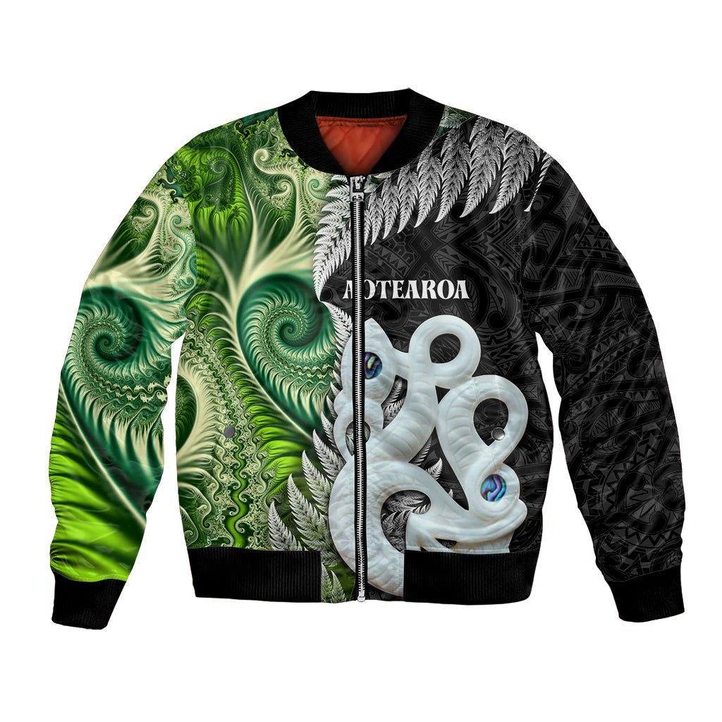New Zealand Koru Natural Bomber Jacket Manaia and Silver Fern Maori Pattern