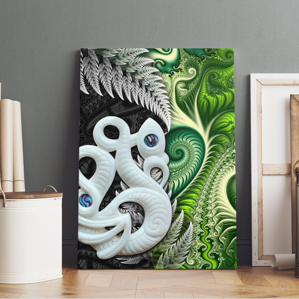 New Zealand Koru Natural Canvas Wall Art Manaia and Silver Fern Maori Pattern