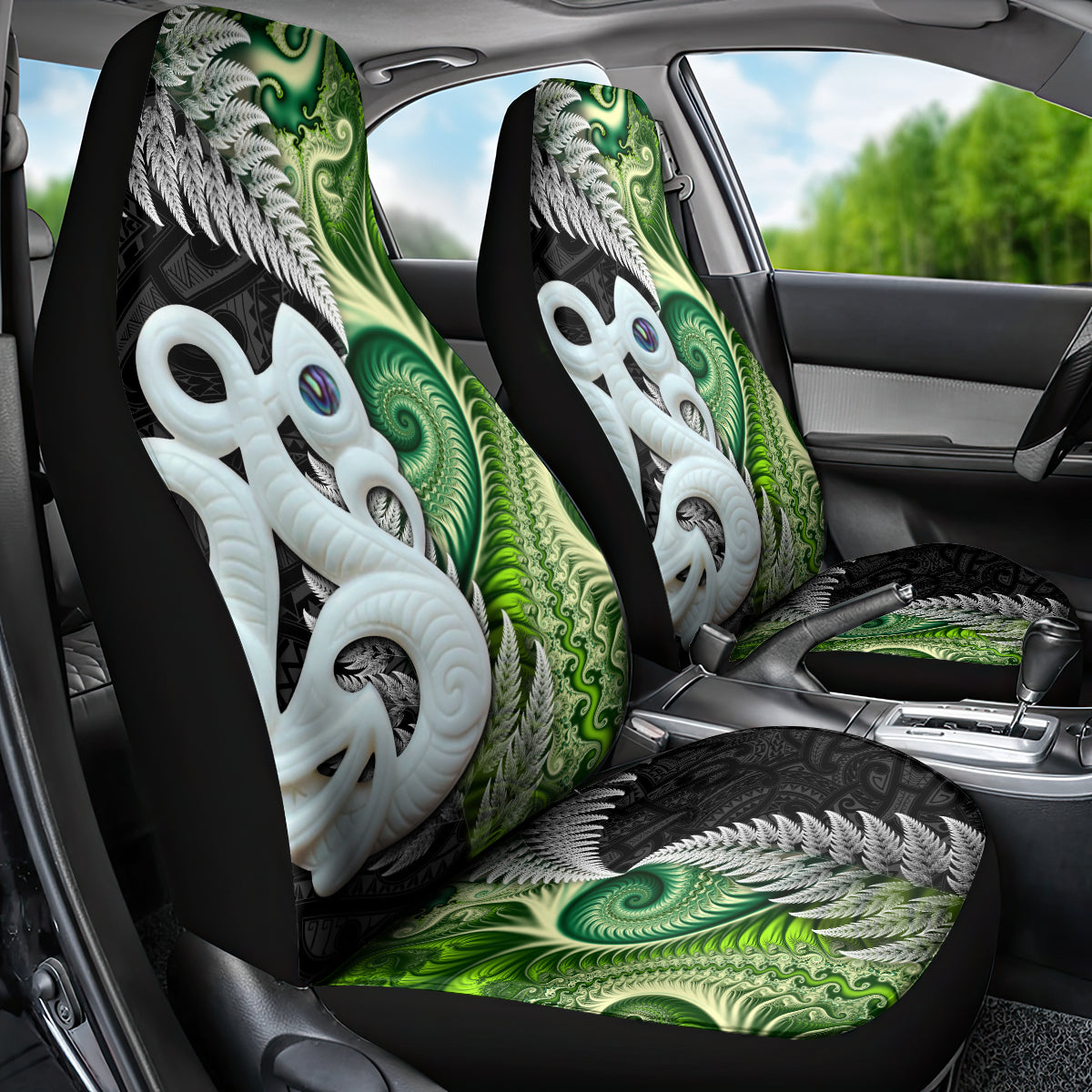 New Zealand Koru Natural Car Seat Cover Manaia and Silver Fern Maori Pattern