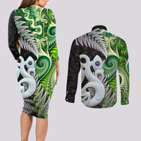 New Zealand Koru Natural Couples Matching Long Sleeve Bodycon Dress and Long Sleeve Button Shirt Manaia and Silver Fern Maori Pattern