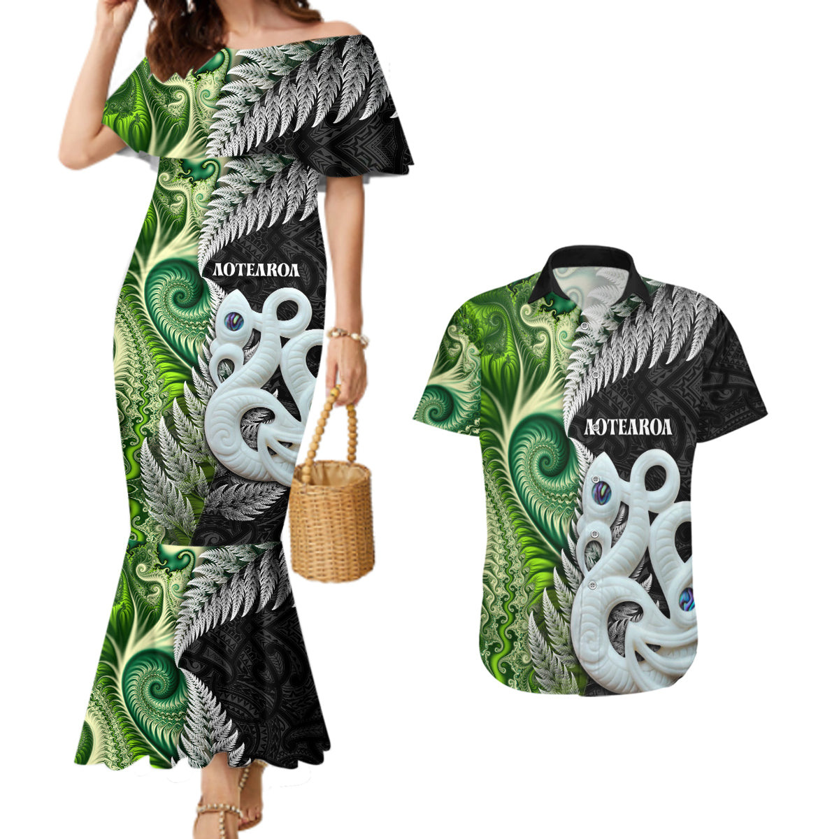 New Zealand Koru Natural Couples Matching Mermaid Dress and Hawaiian Shirt Manaia and Silver Fern Maori Pattern