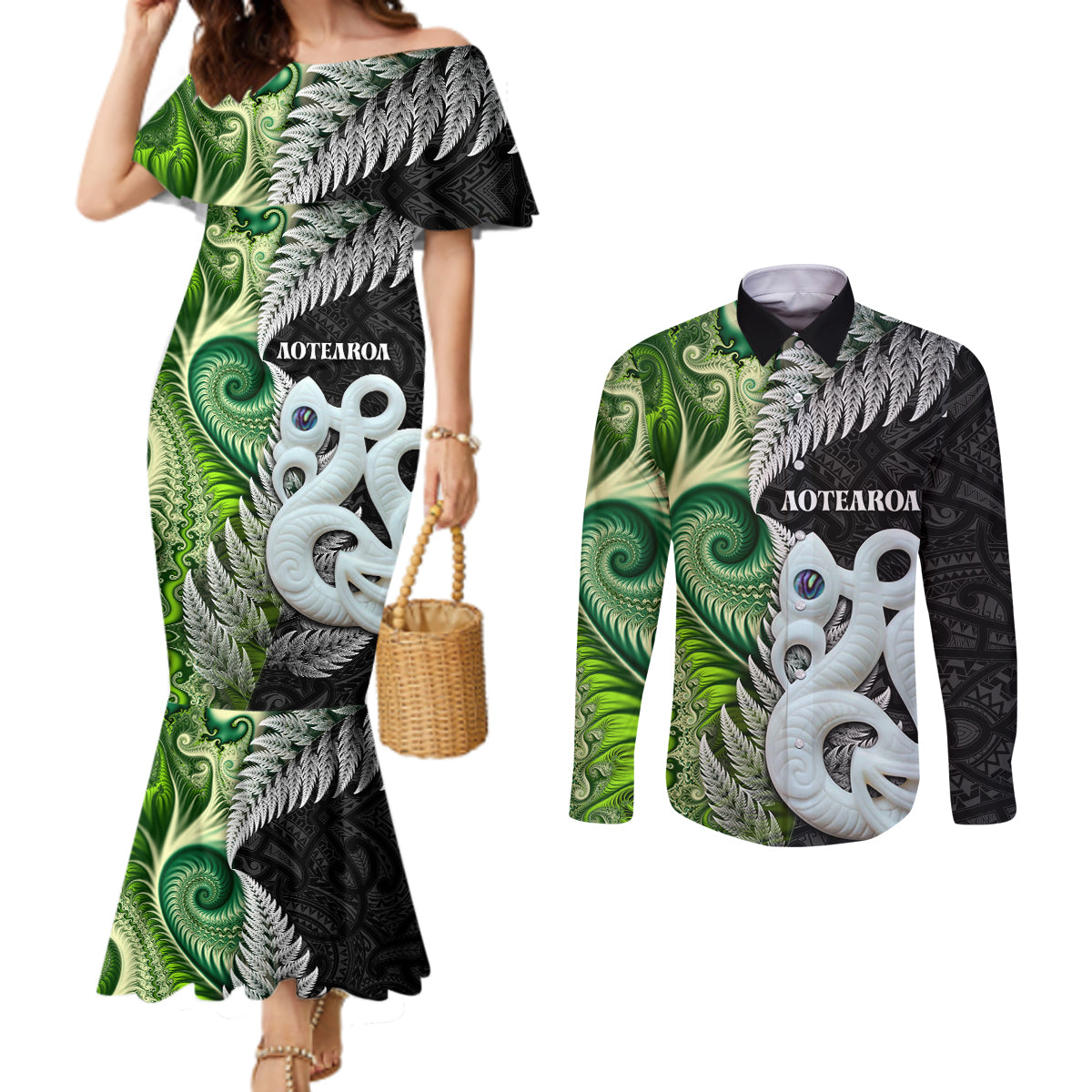 New Zealand Koru Natural Couples Matching Mermaid Dress and Long Sleeve Button Shirt Manaia and Silver Fern Maori Pattern