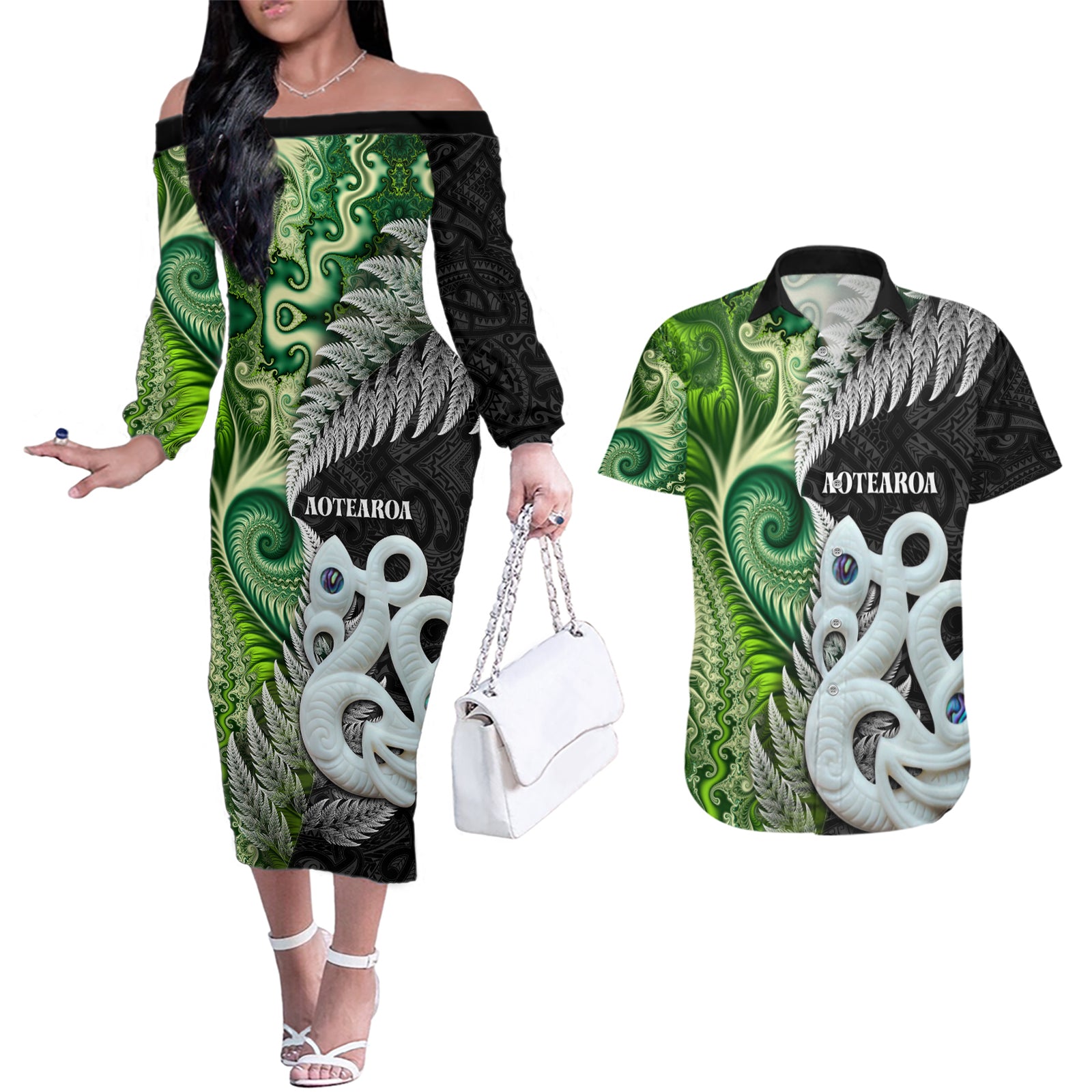 New Zealand Koru Natural Couples Matching Off The Shoulder Long Sleeve Dress and Hawaiian Shirt Manaia and Silver Fern Maori Pattern