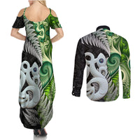 New Zealand Koru Natural Couples Matching Summer Maxi Dress and Long Sleeve Button Shirt Manaia and Silver Fern Maori Pattern