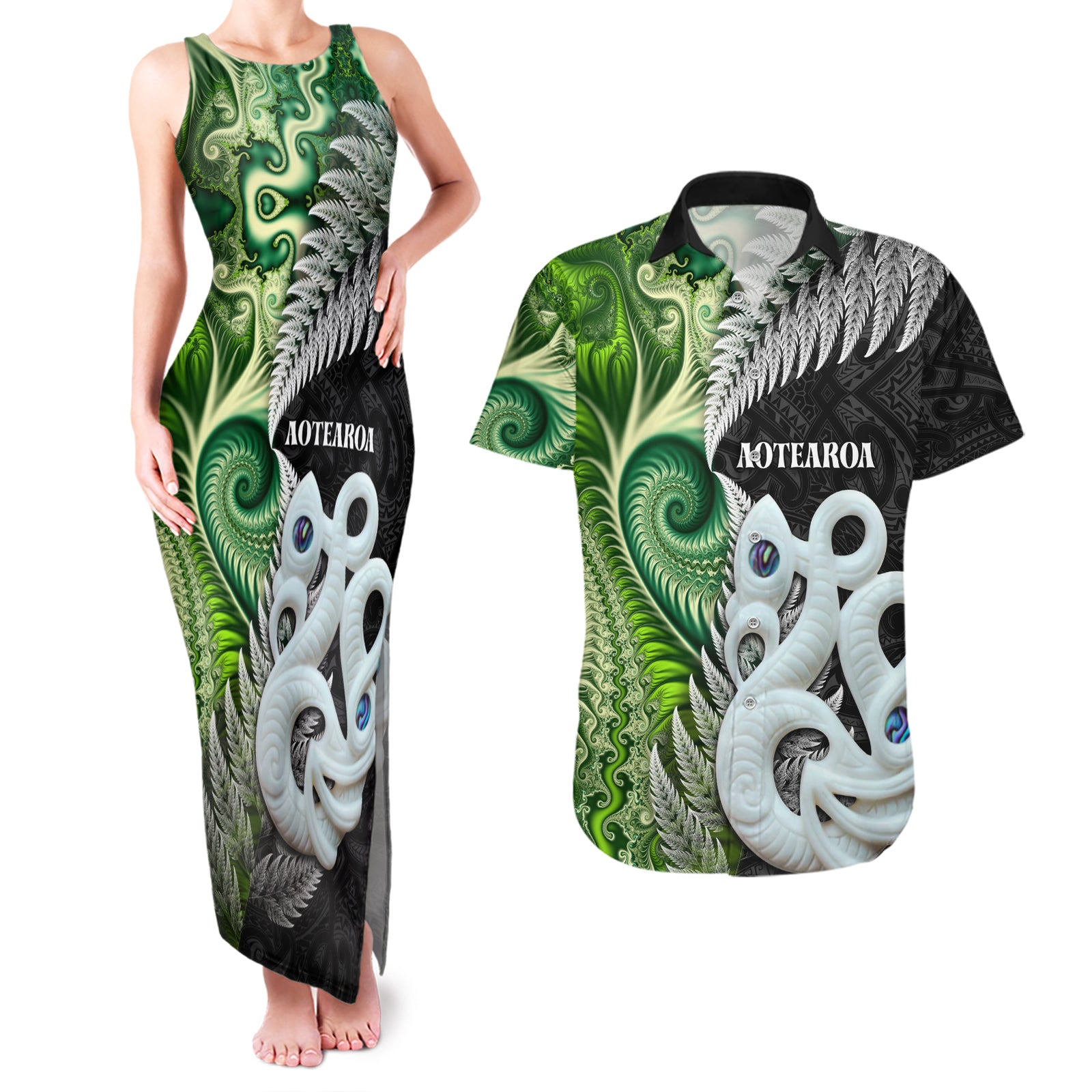 New Zealand Koru Natural Couples Matching Tank Maxi Dress and Hawaiian Shirt Manaia and Silver Fern Maori Pattern