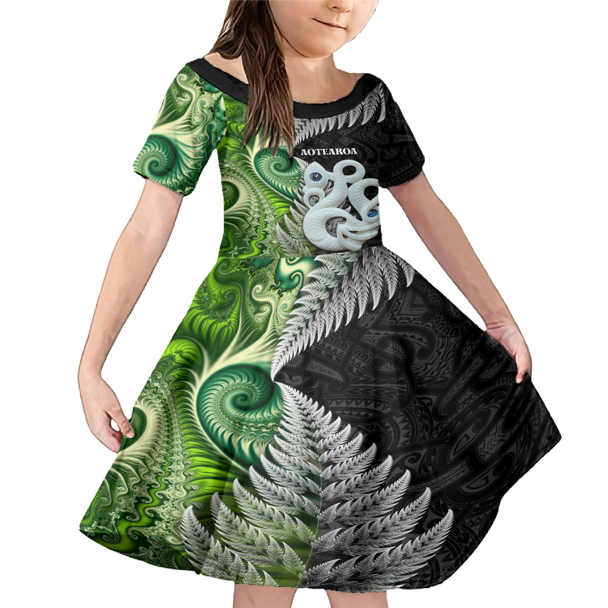 New Zealand Koru Natural Family Matching Mermaid Dress and Hawaiian Shirt Manaia and Silver Fern Maori Pattern