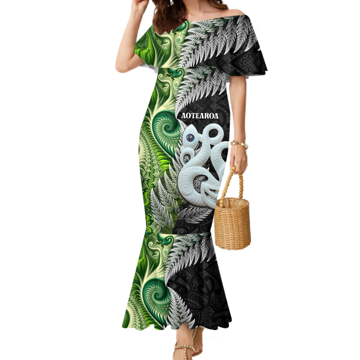 New Zealand Koru Natural Family Matching Mermaid Dress and Hawaiian Shirt Manaia and Silver Fern Maori Pattern