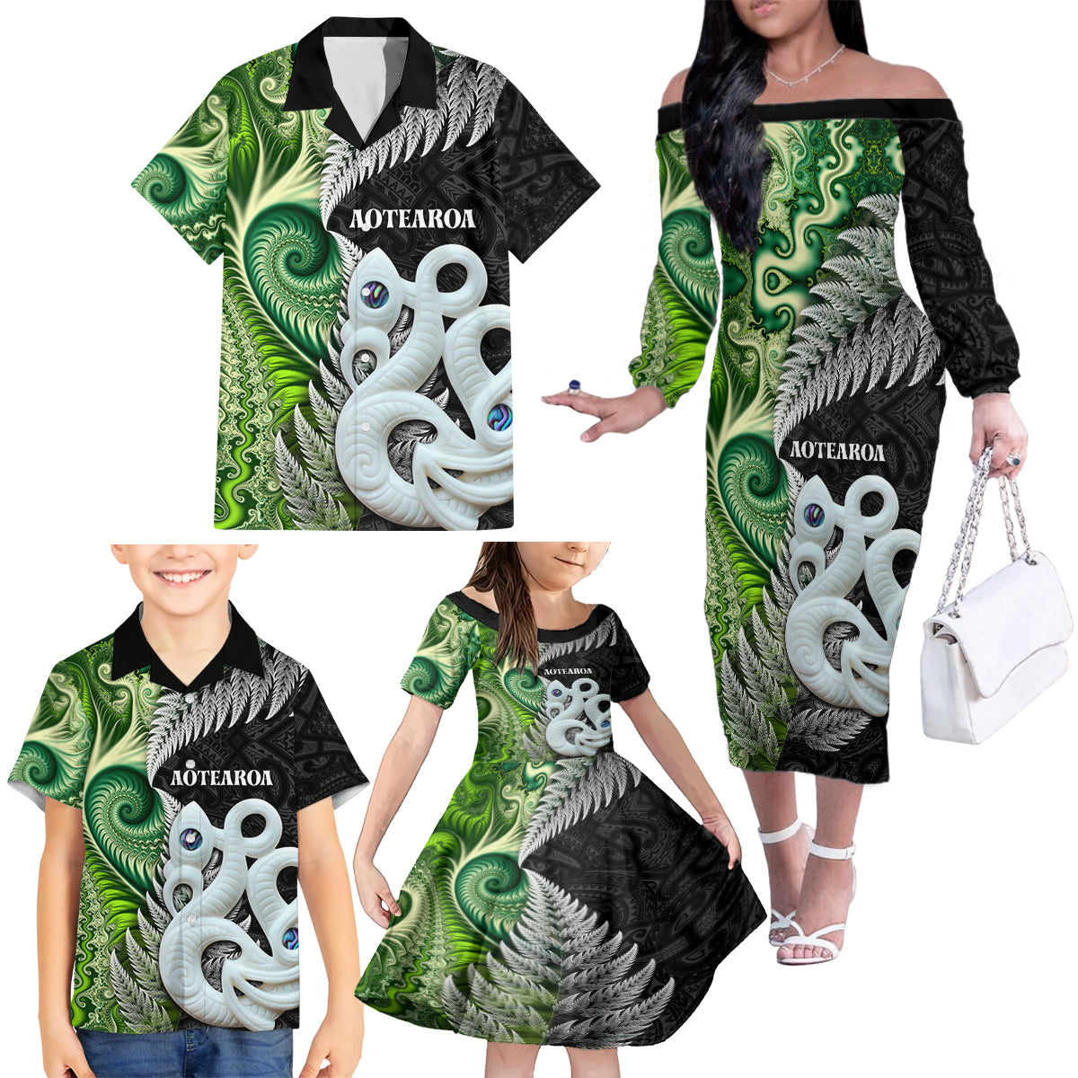 New Zealand Koru Natural Family Matching Off The Shoulder Long Sleeve Dress and Hawaiian Shirt Manaia and Silver Fern Maori Pattern