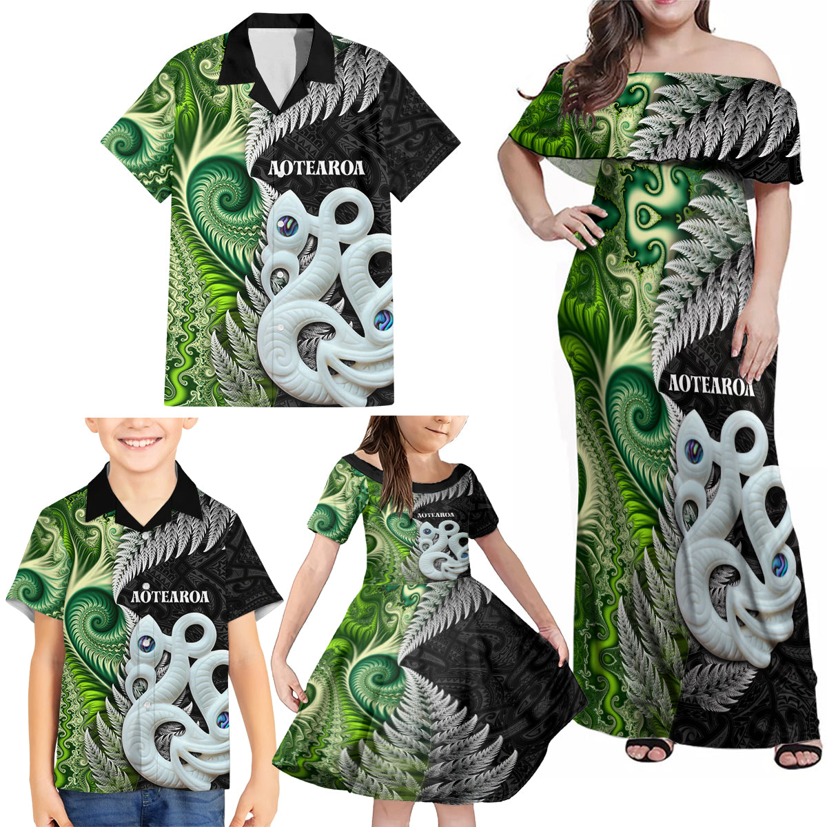 New Zealand Koru Natural Family Matching Off Shoulder Maxi Dress and Hawaiian Shirt Manaia and Silver Fern Maori Pattern