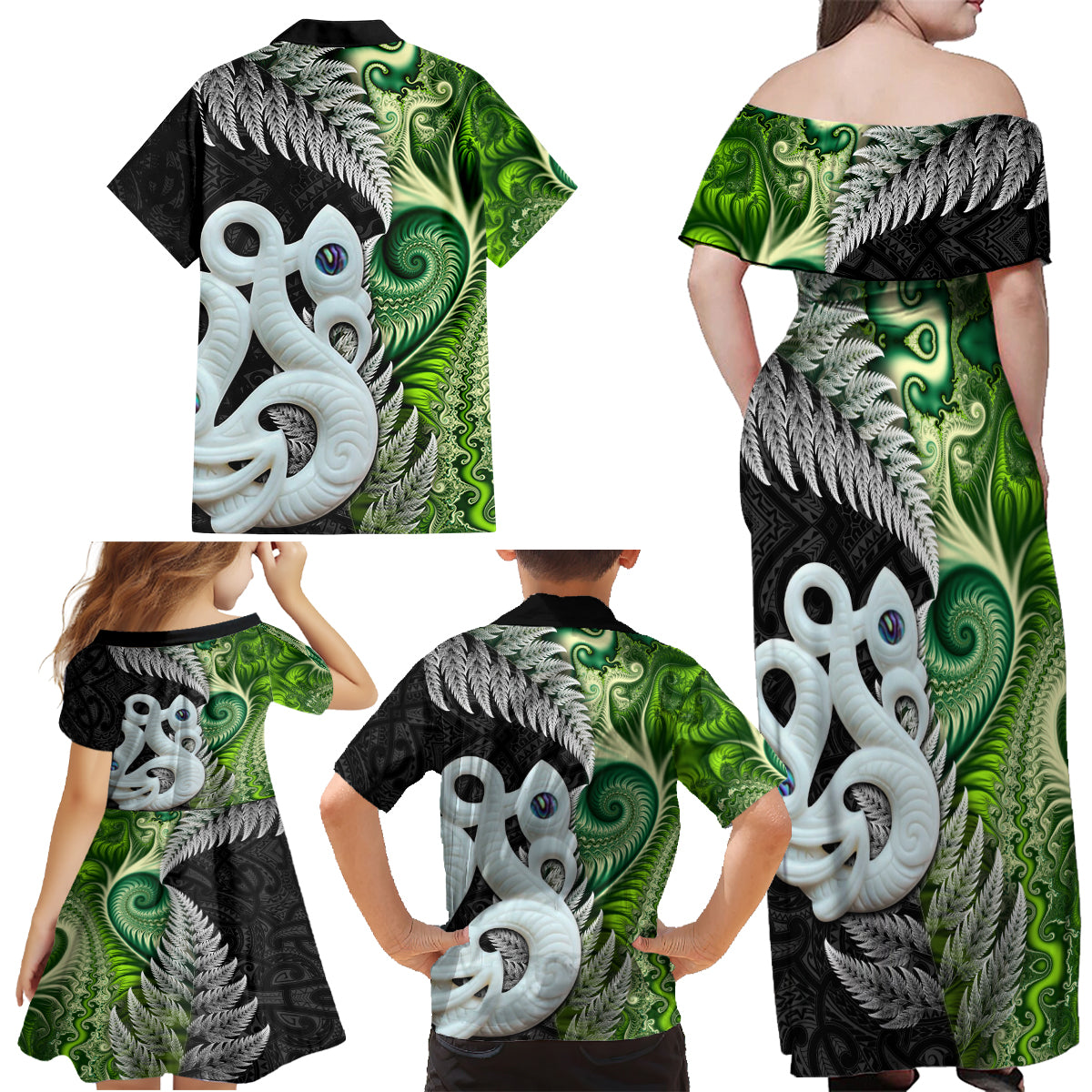 New Zealand Koru Natural Family Matching Off Shoulder Maxi Dress and Hawaiian Shirt Manaia and Silver Fern Maori Pattern