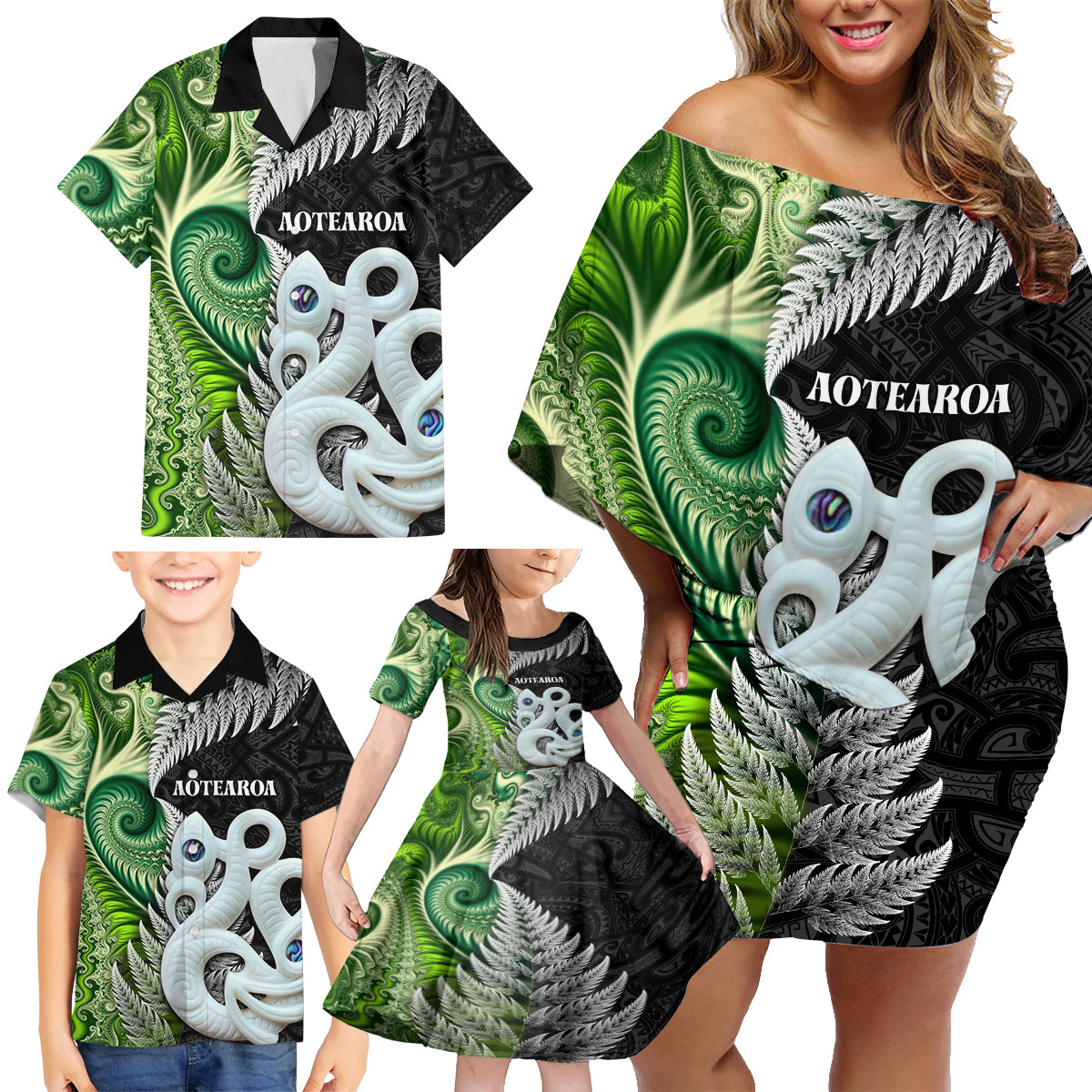 New Zealand Koru Natural Family Matching Off Shoulder Short Dress and Hawaiian Shirt Manaia and Silver Fern Maori Pattern