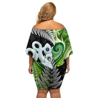 New Zealand Koru Natural Family Matching Off Shoulder Short Dress and Hawaiian Shirt Manaia and Silver Fern Maori Pattern