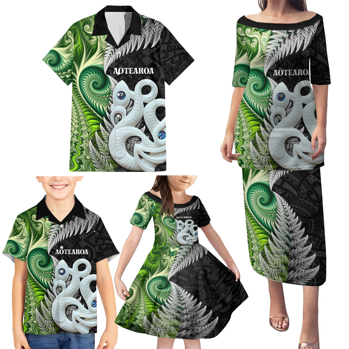 New Zealand Koru Natural Family Matching Puletasi and Hawaiian Shirt Manaia and Silver Fern Maori Pattern