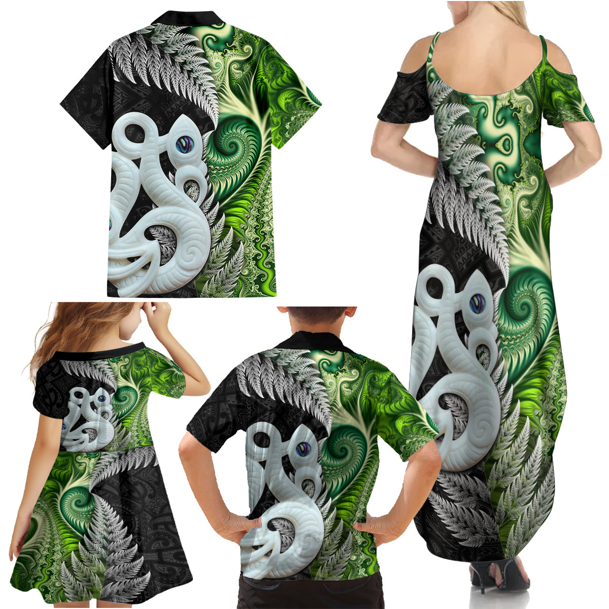 New Zealand Koru Natural Family Matching Summer Maxi Dress and Hawaiian Shirt Manaia and Silver Fern Maori Pattern