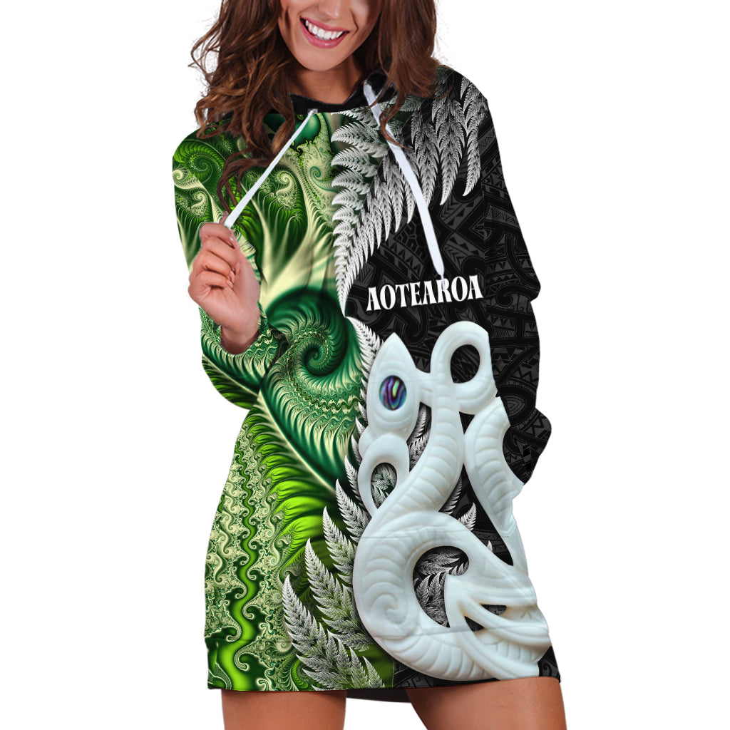 New Zealand Koru Natural Hoodie Dress Manaia and Silver Fern Maori Pattern