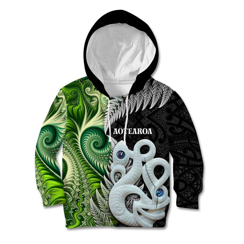 New Zealand Koru Natural Kid Hoodie Manaia and Silver Fern Maori Pattern