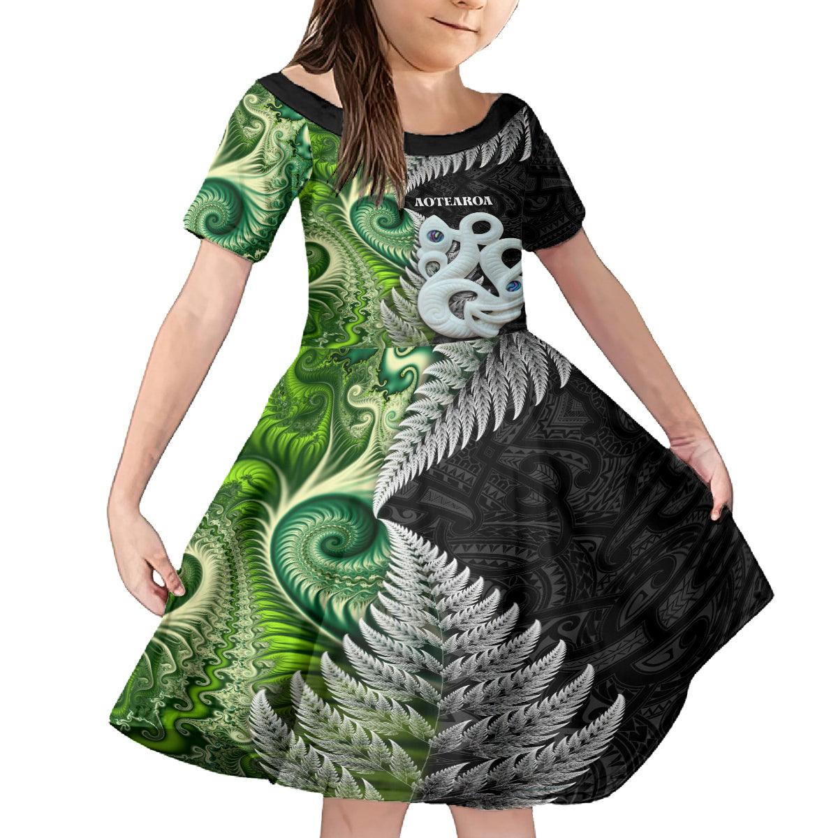 New Zealand Koru Natural Kid Short Sleeve Dress Manaia and Silver Fern Maori Pattern