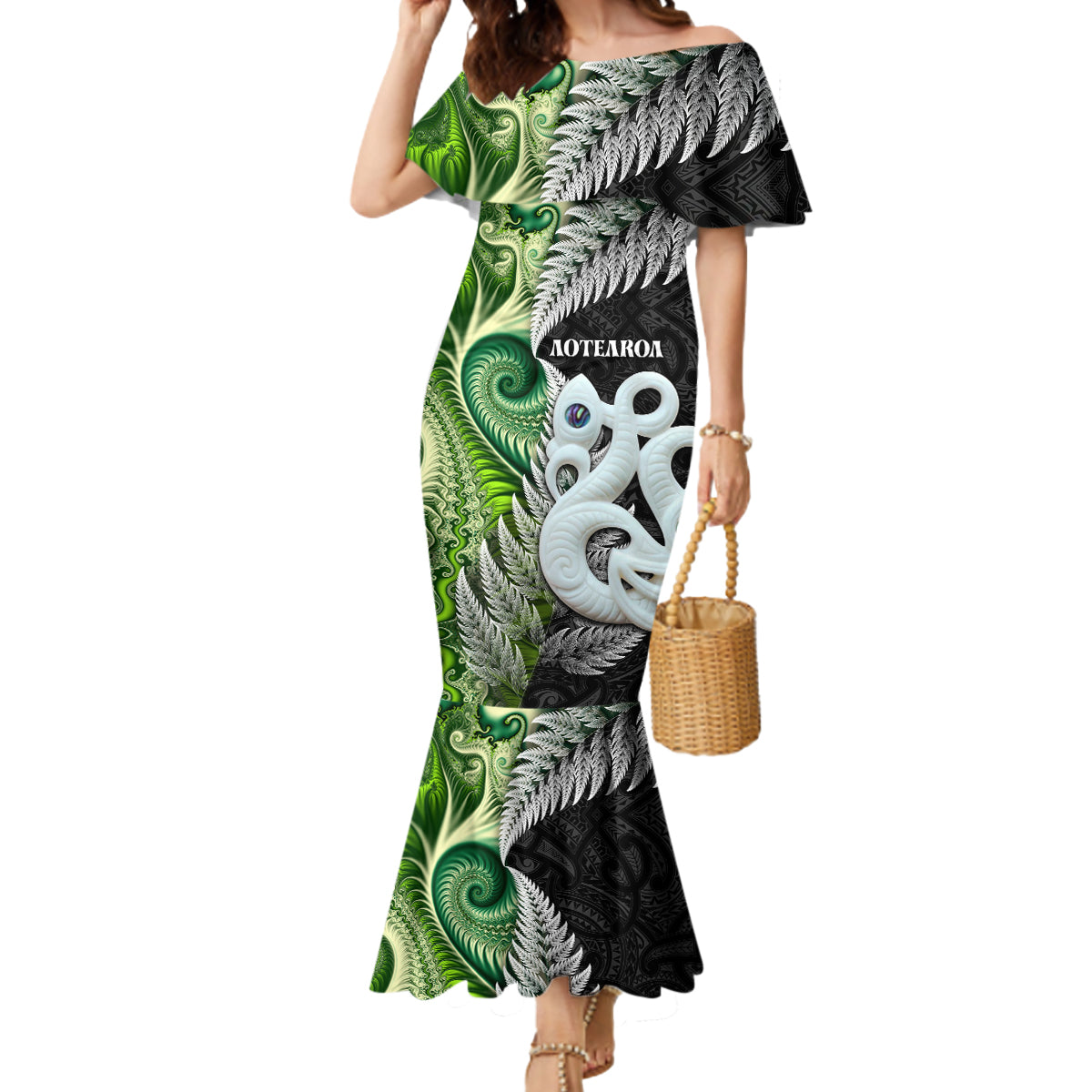 New Zealand Koru Natural Mermaid Dress Manaia and Silver Fern Maori Pattern