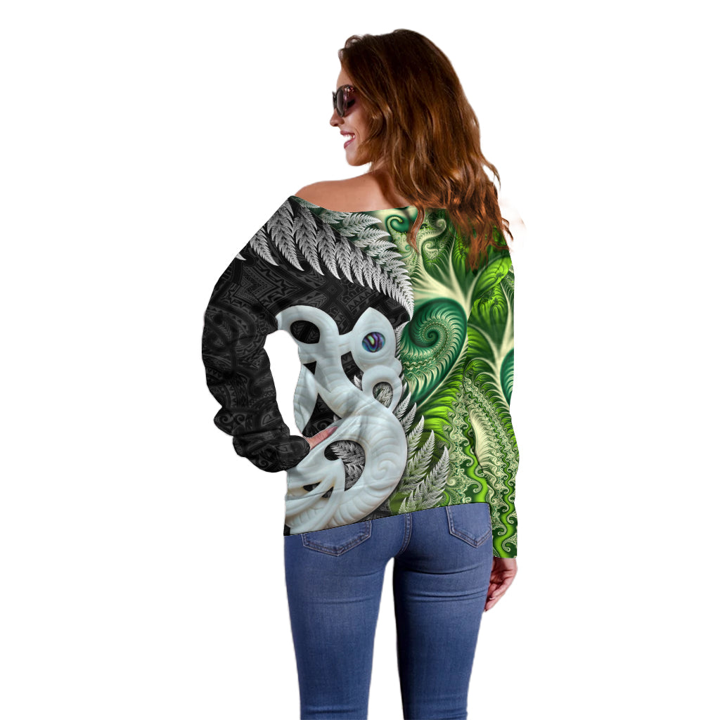 New Zealand Koru Natural Off Shoulder Sweater Manaia and Silver Fern Maori Pattern