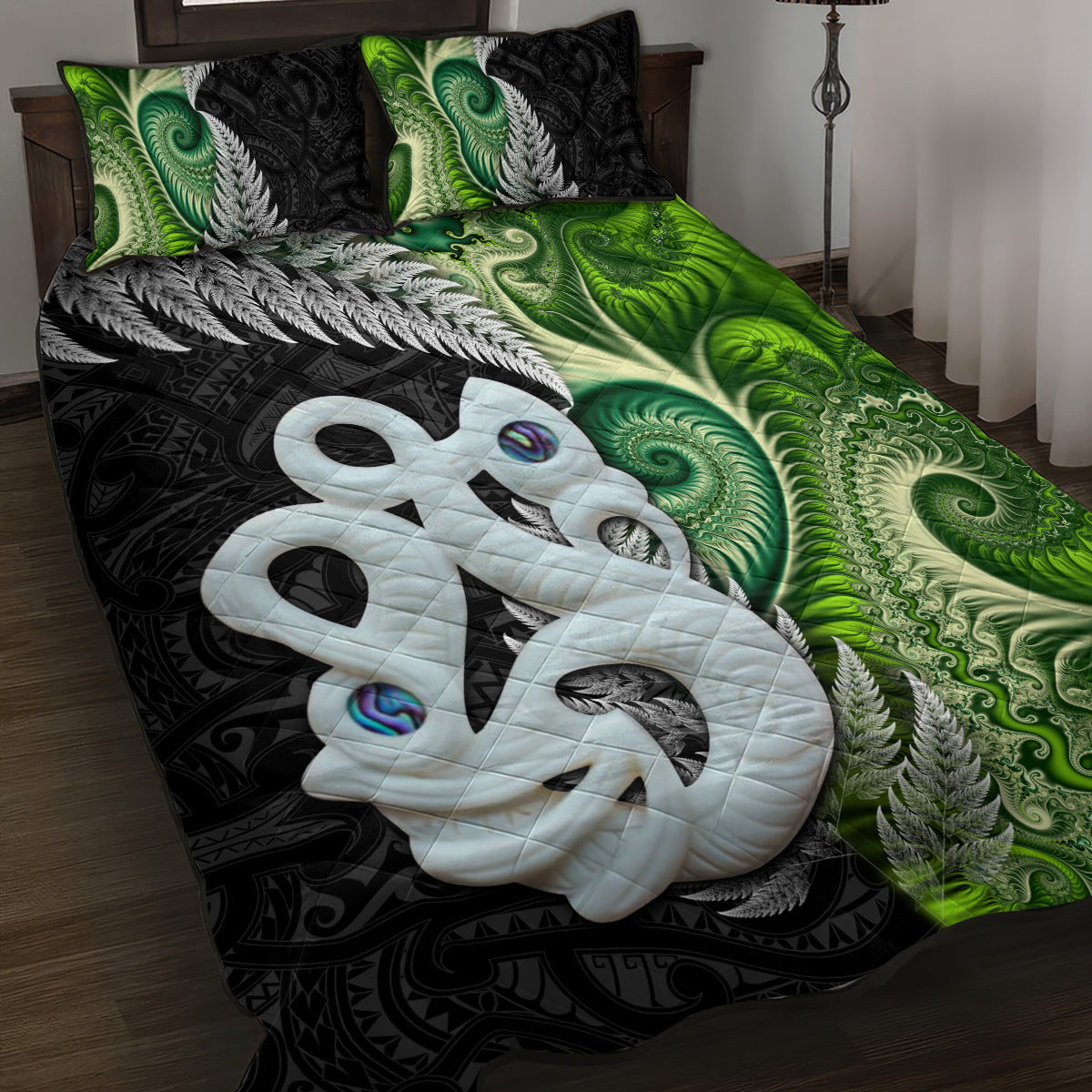 New Zealand Koru Natural Quilt Bed Set Manaia and Silver Fern Maori Pattern