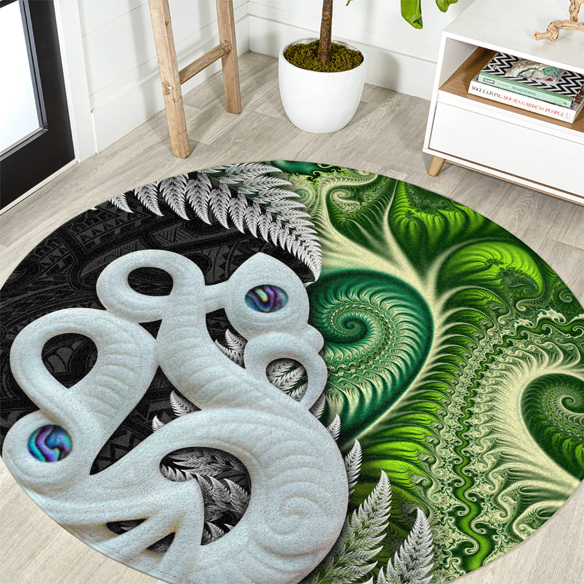 New Zealand Koru Natural Round Carpet Manaia and Silver Fern Maori Pattern