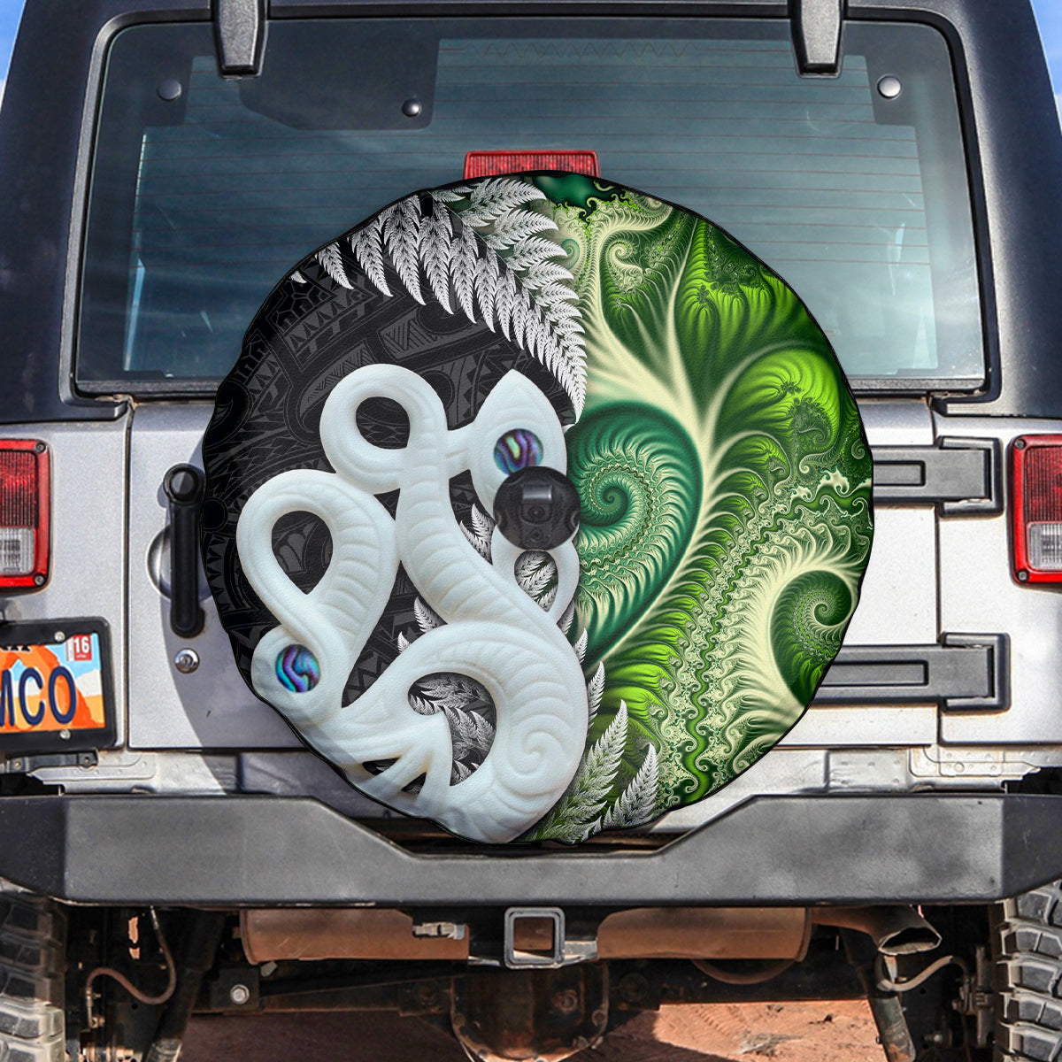 New Zealand Koru Natural Spare Tire Cover Manaia and Silver Fern Maori Pattern