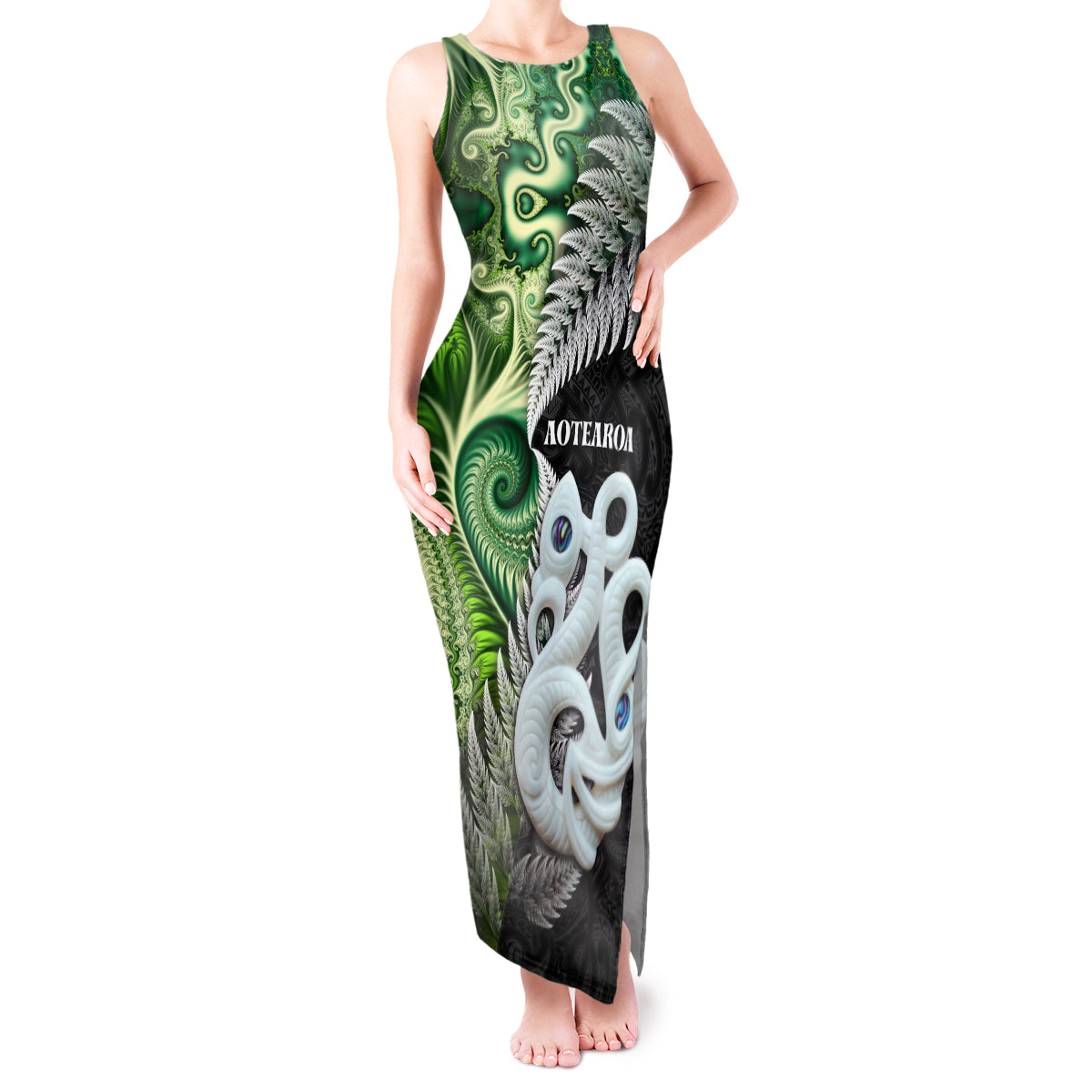 New Zealand Koru Natural Tank Maxi Dress Manaia and Silver Fern Maori Pattern