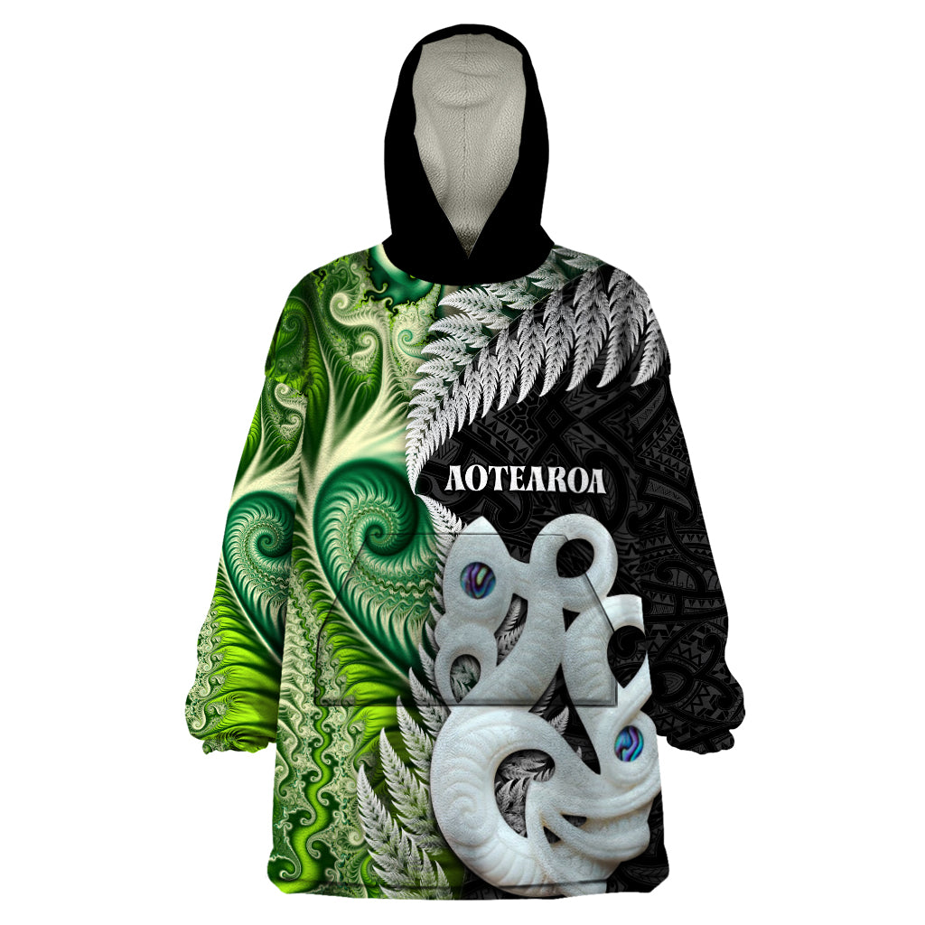 New Zealand Koru Natural Wearable Blanket Hoodie Manaia and Silver Fern Maori Pattern