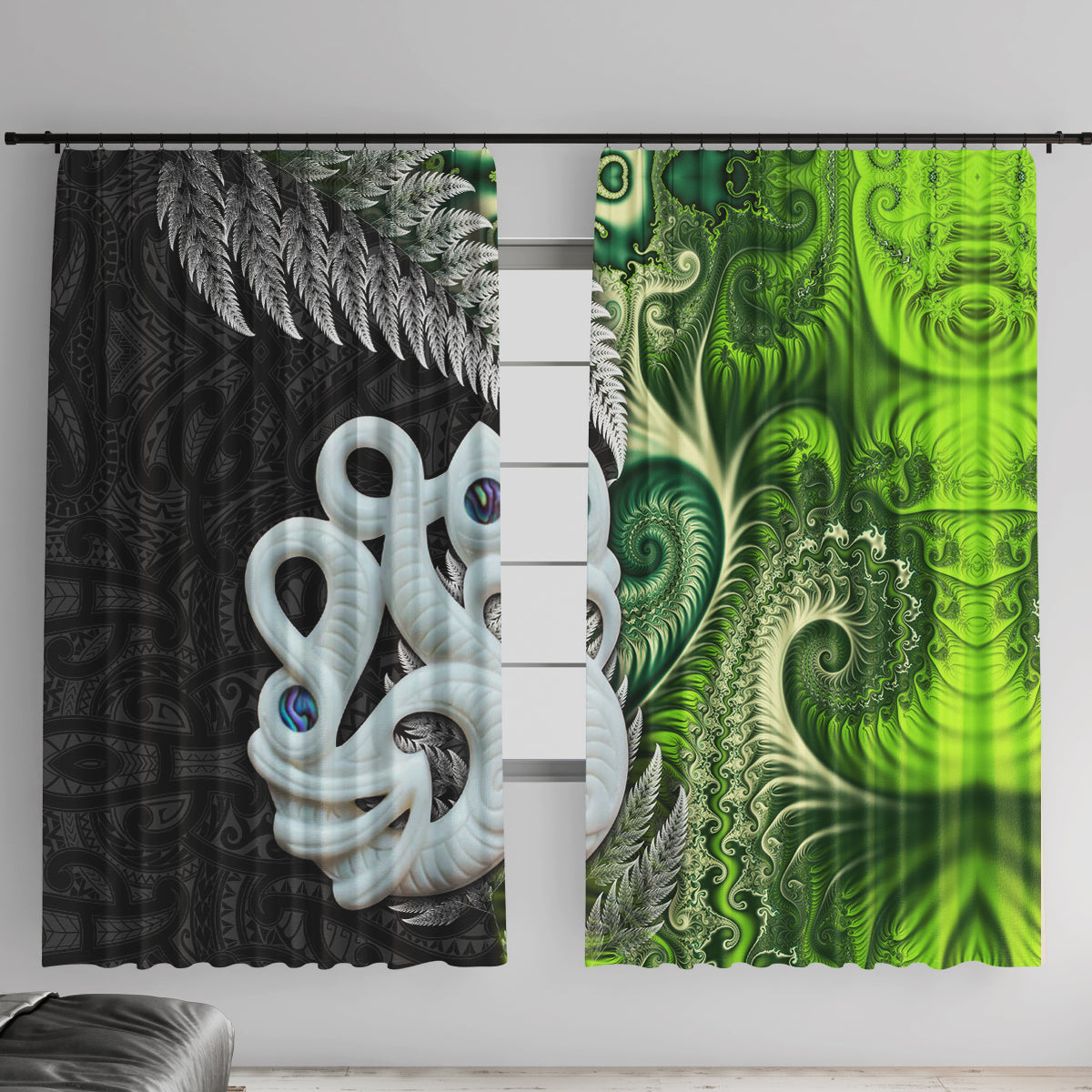 New Zealand Koru Natural Window Curtain Manaia and Silver Fern Maori Pattern