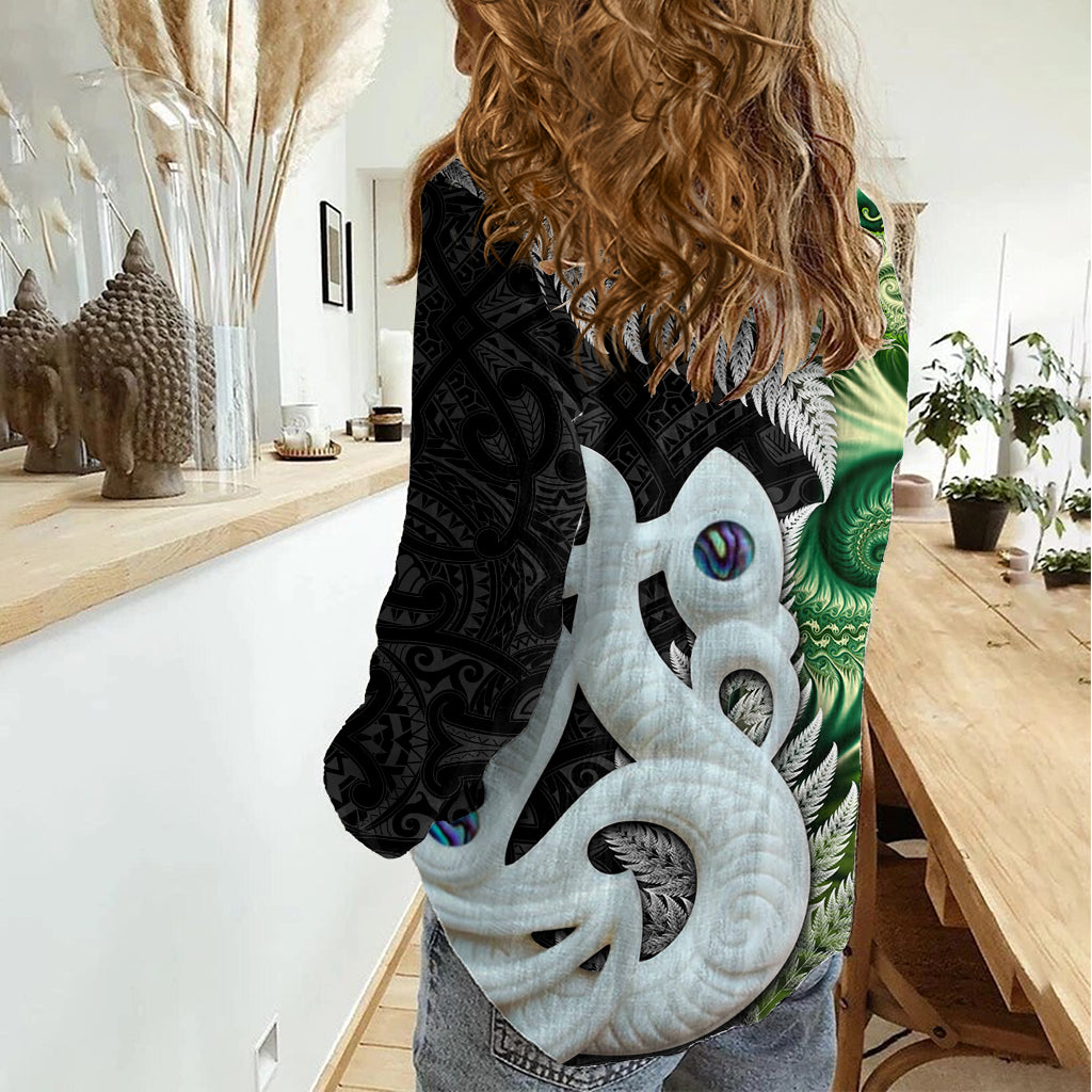 New Zealand Koru Natural Women Casual Shirt Manaia and Silver Fern Maori Pattern