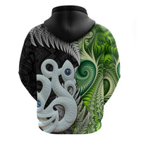 New Zealand Koru Natural Zip Hoodie Manaia and Silver Fern Maori Pattern