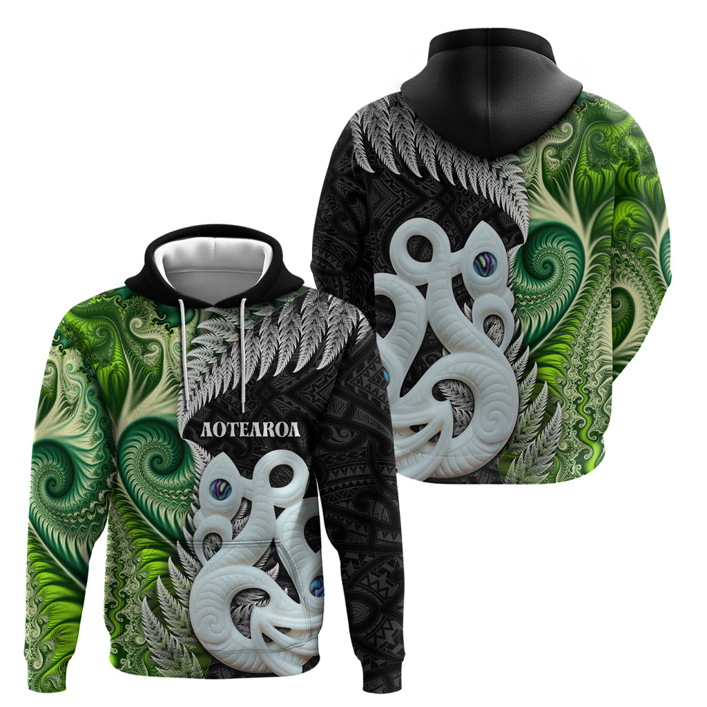 New Zealand Koru Natural Zip Hoodie Manaia and Silver Fern Maori Pattern
