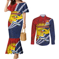 Kiribati Independence Day Couples Matching Mermaid Dress and Long Sleeve Button Shirt Polynesian and Melanesian Art Tattoo